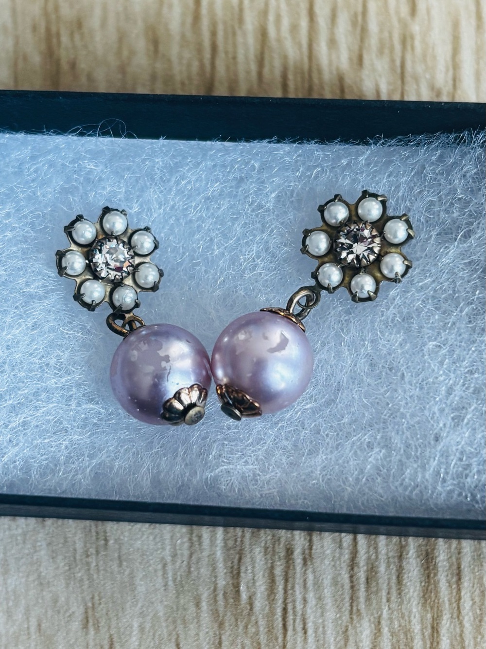 Vintage-Inspired Pink Pearl Drop Earrings with white pearl flower motif